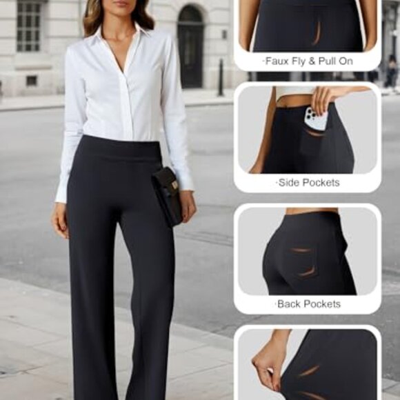 Stretchy Wide Leg Dress Pants Pull On Office Slacks with Pockets - Picture 5 of 8